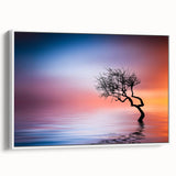 Minimalist Landscape Wall Art – Vibrant Tree at Sunset Water Scene