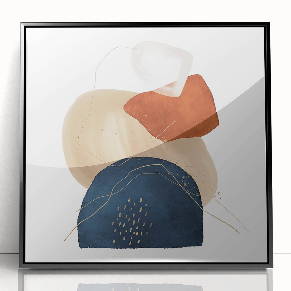 Geometric Minimalist Abstract Wall Art – Navy, Orange & Beige Print