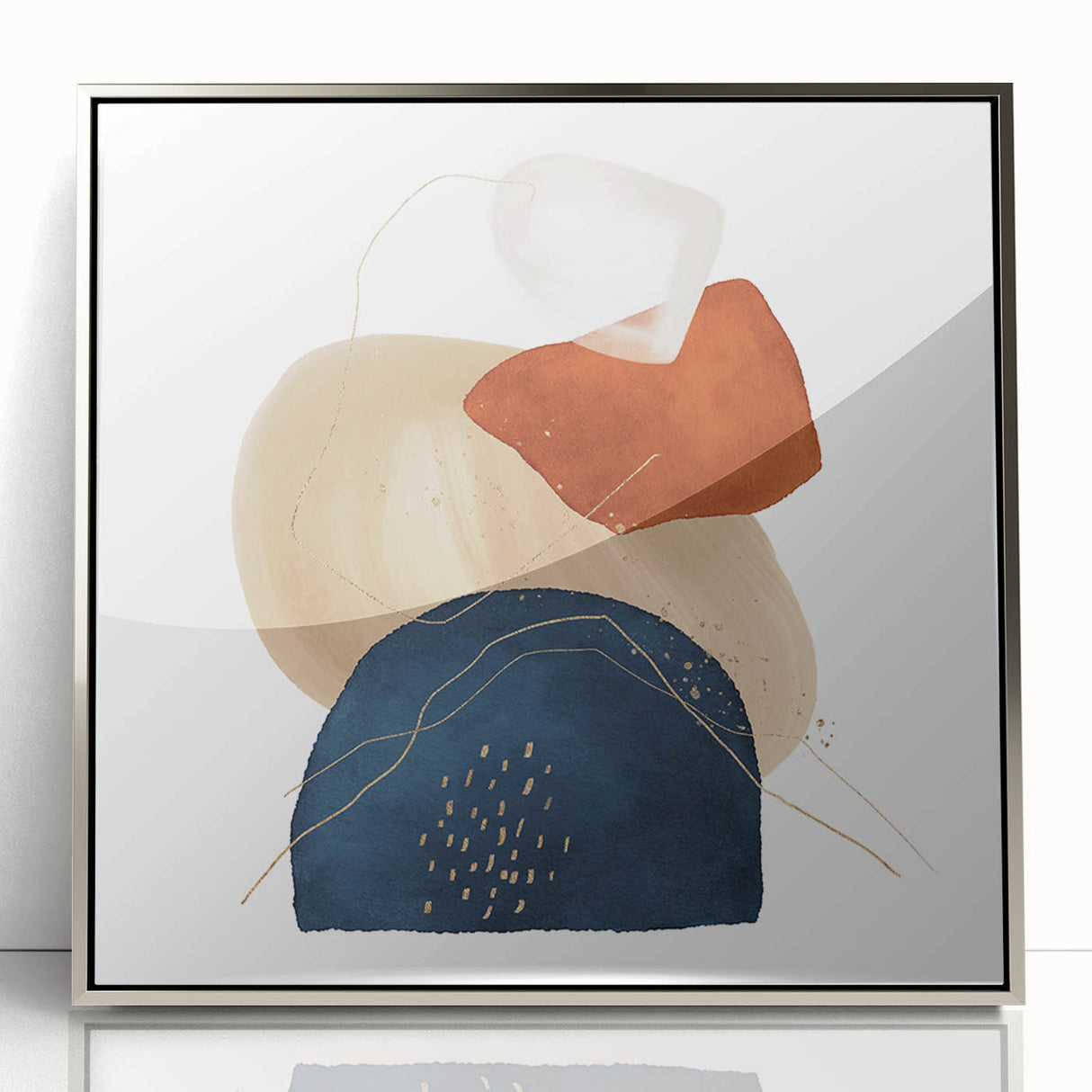 Geometric Minimalist Abstract Wall Art – Navy, Orange & Beige Print