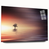 Minimalist Mountain Wall Art – Solitary Tree at Sunset Water Scene