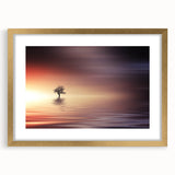 Minimalist Mountain Wall Art – Solitary Tree at Sunset Water Scene