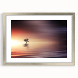 Minimalist Mountain Wall Art – Solitary Tree at Sunset Water Scene