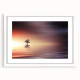 Minimalist Mountain Wall Art – Solitary Tree at Sunset Water Scene