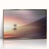 Minimalist Mountain Wall Art – Solitary Tree at Sunset Water Scene