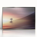Minimalist Mountain Wall Art – Solitary Tree at Sunset Water Scene