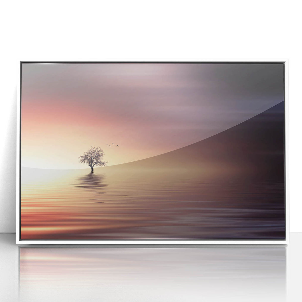 Minimalist Mountain Wall Art – Solitary Tree at Sunset Water Scene