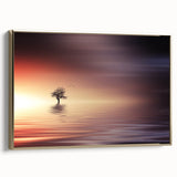 Minimalist Mountain Wall Art – Solitary Tree at Sunset Water Scene