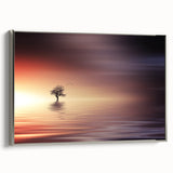 Minimalist Mountain Wall Art – Solitary Tree at Sunset Water Scene