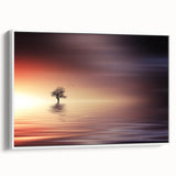 Minimalist Mountain Wall Art – Solitary Tree at Sunset Water Scene