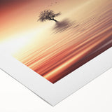 Minimalist Mountain Wall Art – Solitary Tree at Sunset Water Scene