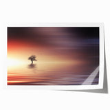 Minimalist Mountain Wall Art – Solitary Tree at Sunset Water Scene