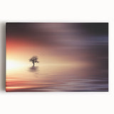 Minimalist Mountain Wall Art – Solitary Tree at Sunset Water Scene