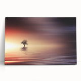 Minimalist Mountain Wall Art – Solitary Tree at Sunset Water Scene