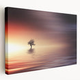 Minimalist Mountain Wall Art – Solitary Tree at Sunset Water Scene