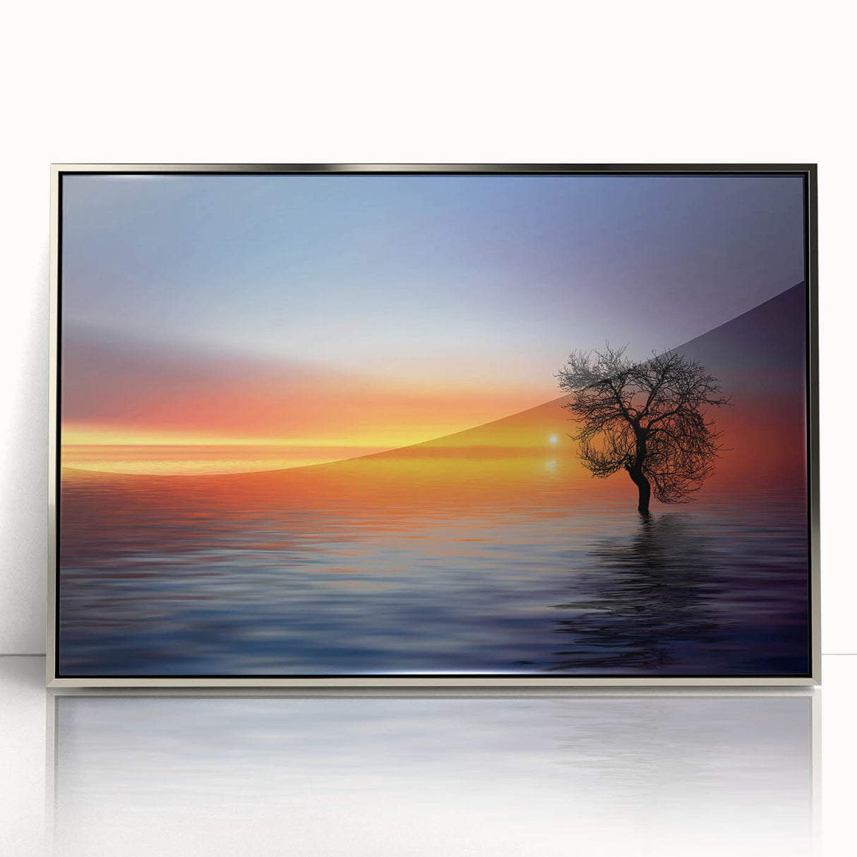 Minimalist Landscape Wall Art – Tree Silhouette with Sunset Reflections
