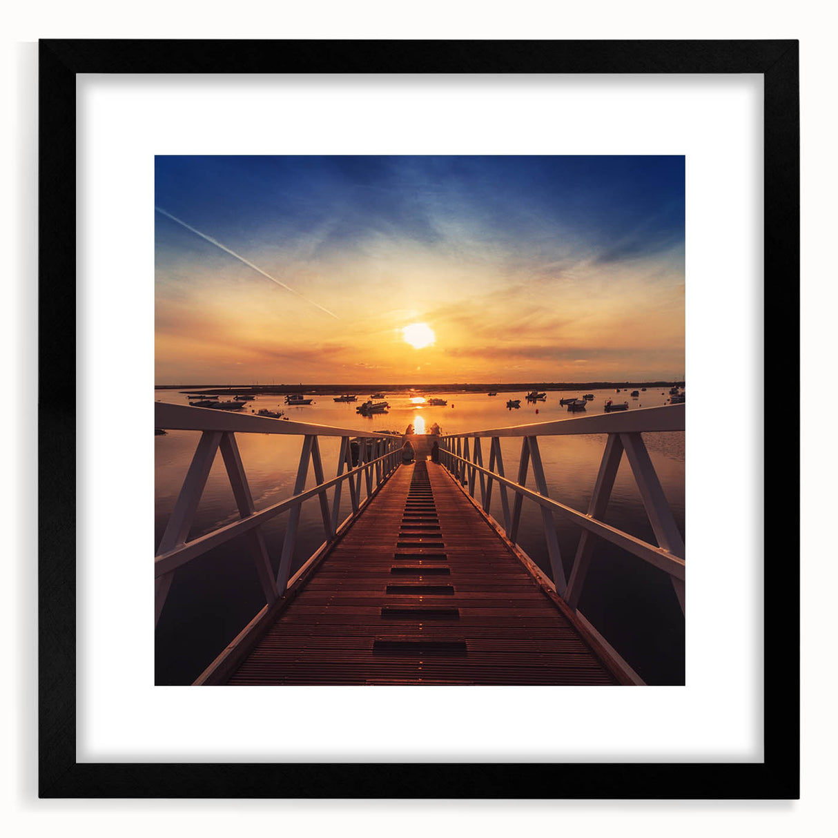 Minimalist Coastal Landscape Art – Sunset Pier with Boats Wall Print