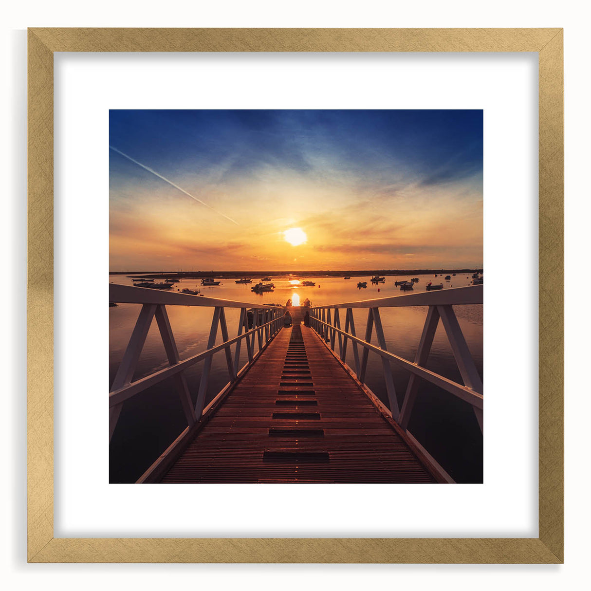 Minimalist Coastal Landscape Art – Sunset Pier with Boats Wall Print