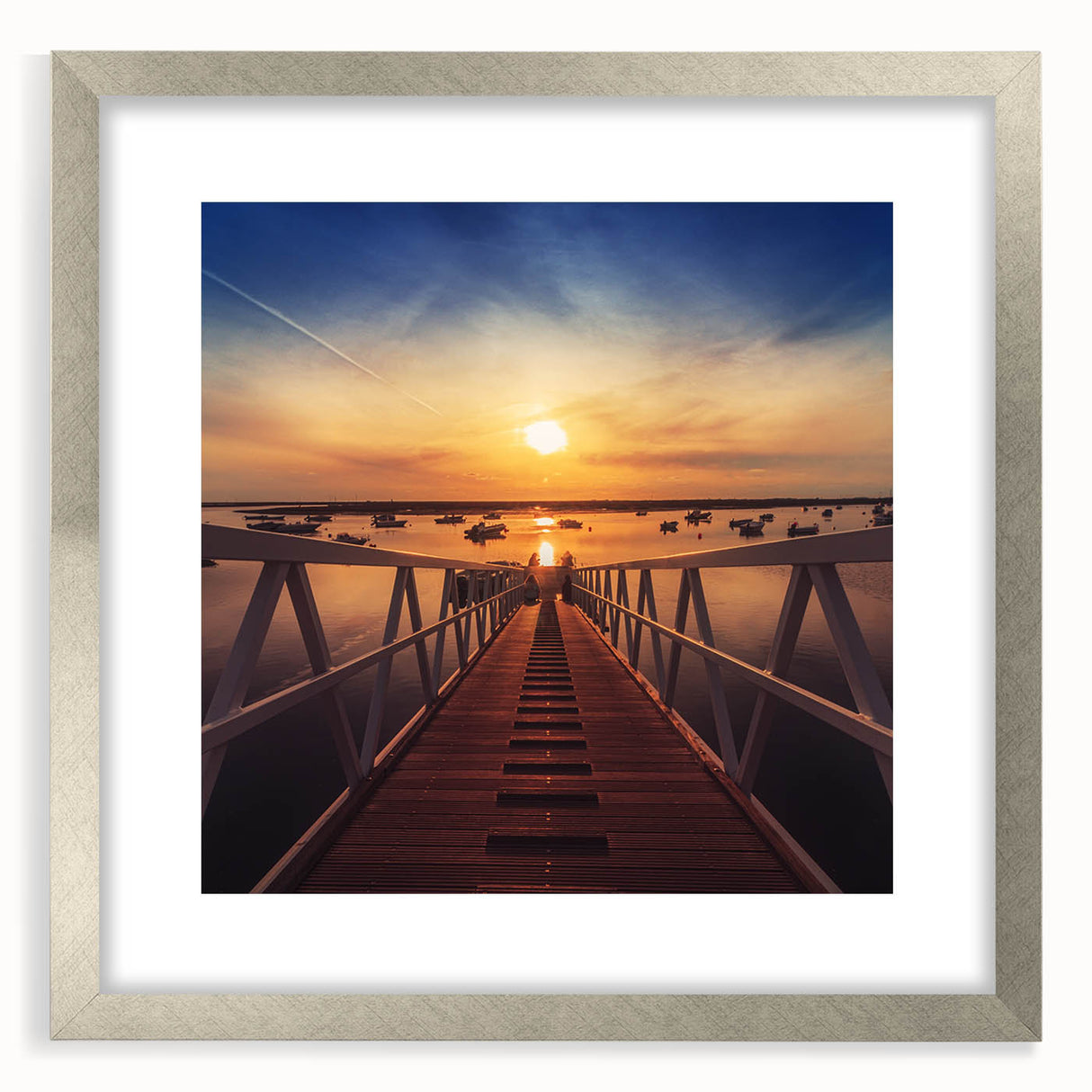 Minimalist Coastal Landscape Art – Sunset Pier with Boats Wall Print