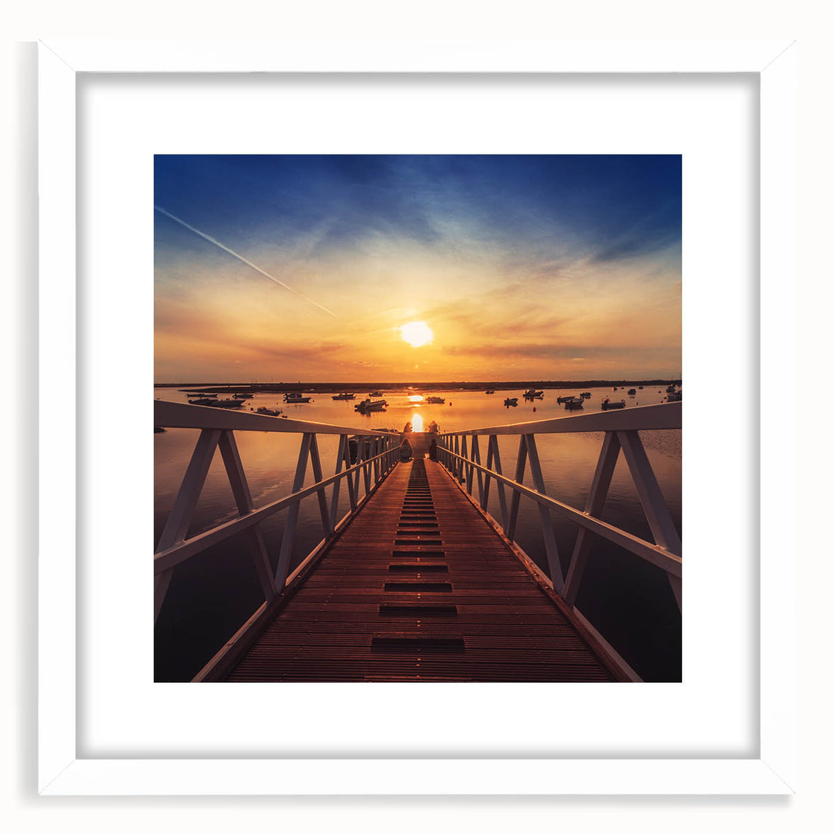 Minimalist Coastal Landscape Art – Sunset Pier with Boats Wall Print