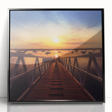 Minimalist Coastal Landscape Art – Sunset Pier with Boats Wall Print