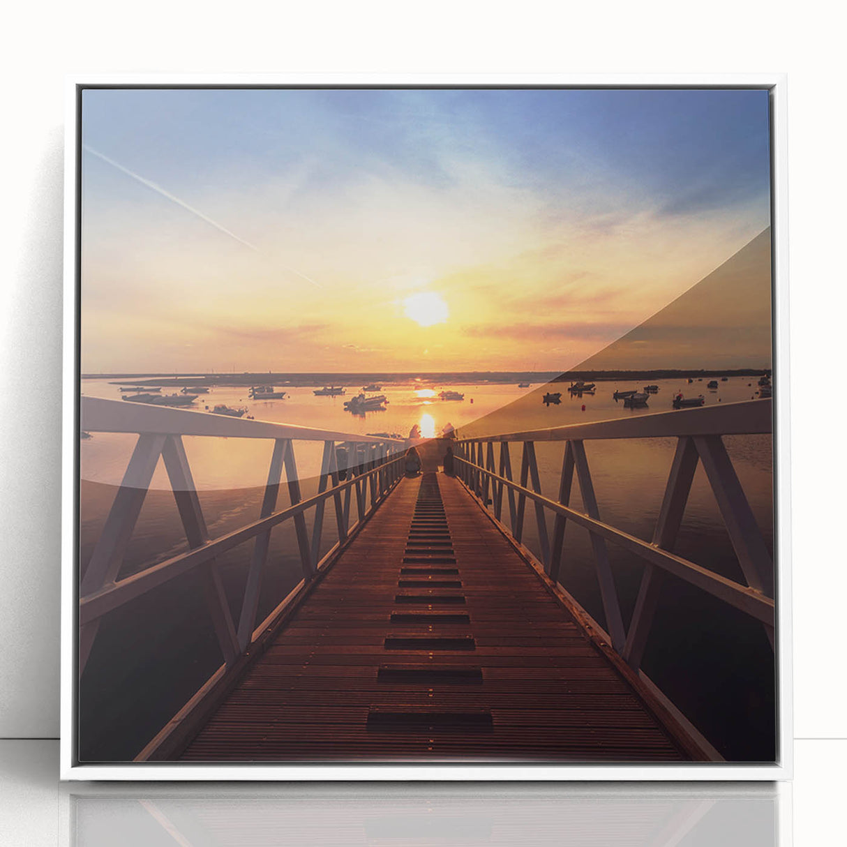 Minimalist Coastal Landscape Art – Sunset Pier with Boats Wall Print