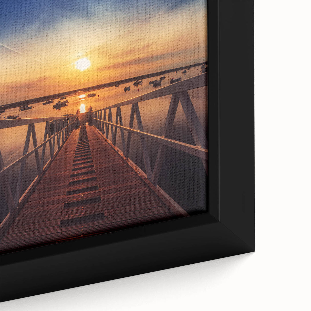 Minimalist Coastal Landscape Art – Sunset Pier with Boats Wall Print