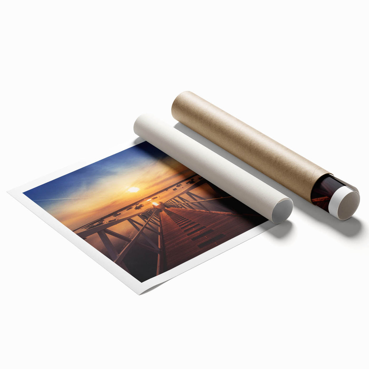 Minimalist Coastal Landscape Art – Sunset Pier with Boats Wall Print