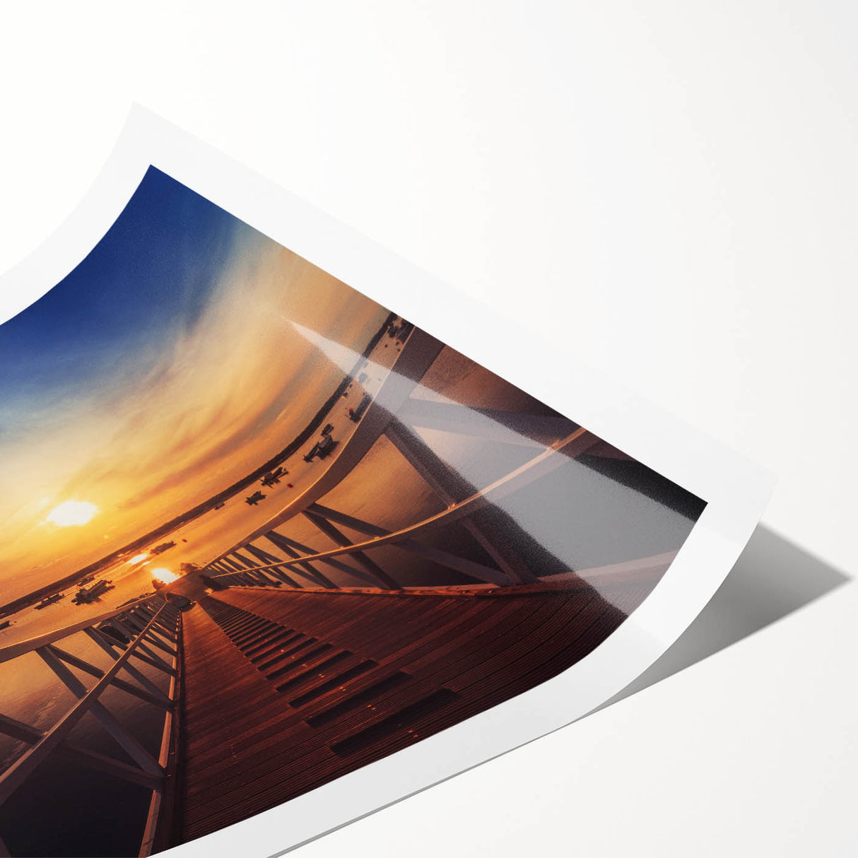 Minimalist Coastal Landscape Art – Sunset Pier with Boats Wall Print