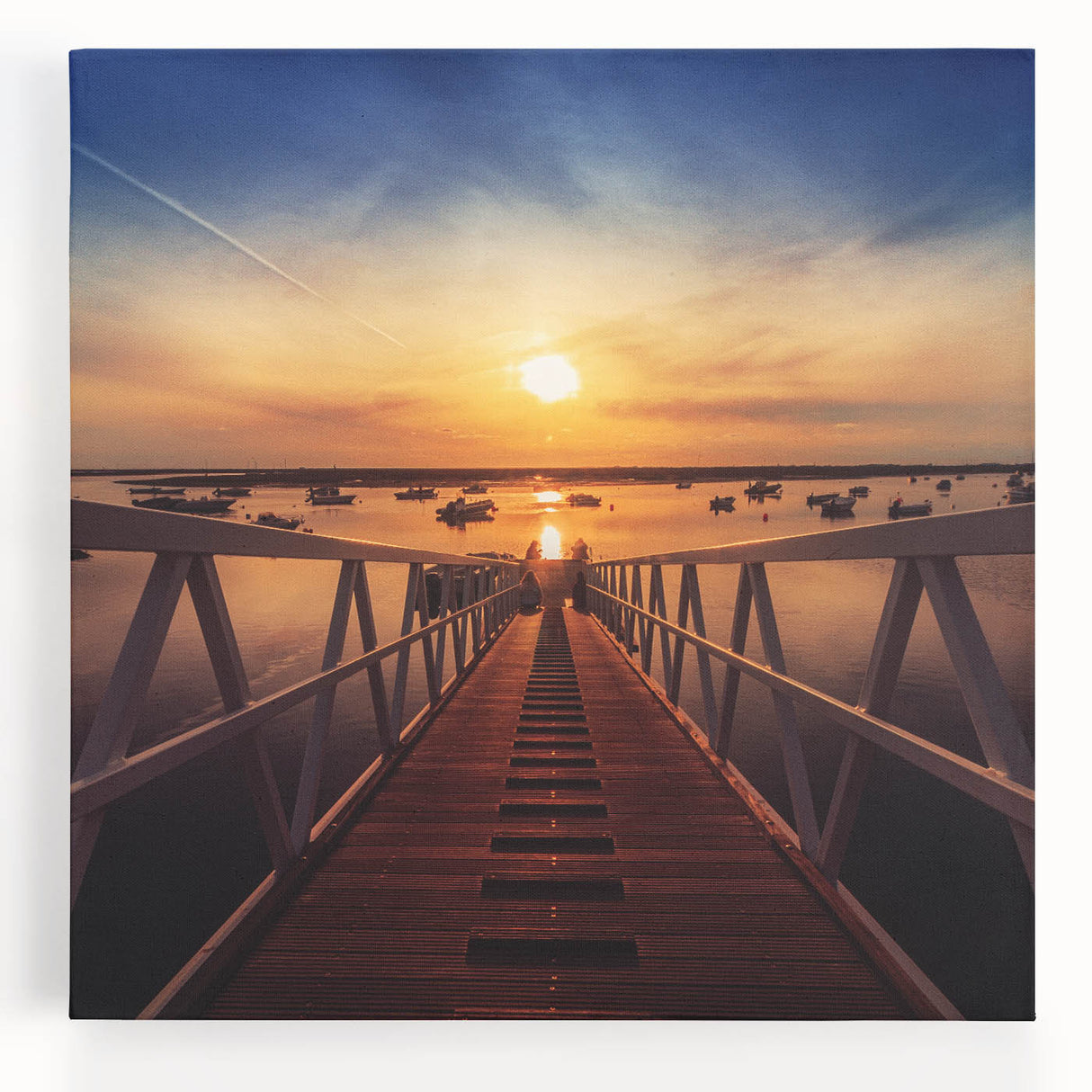 Minimalist Coastal Landscape Art – Sunset Pier with Boats Wall Print