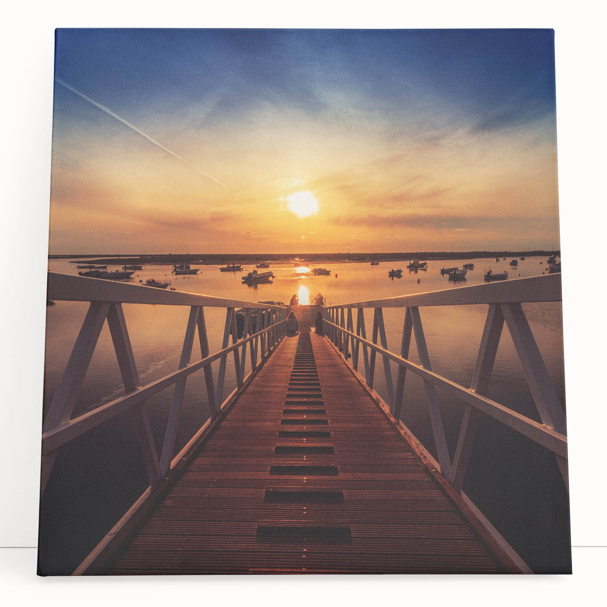 Minimalist Coastal Landscape Art – Sunset Pier with Boats Wall Print