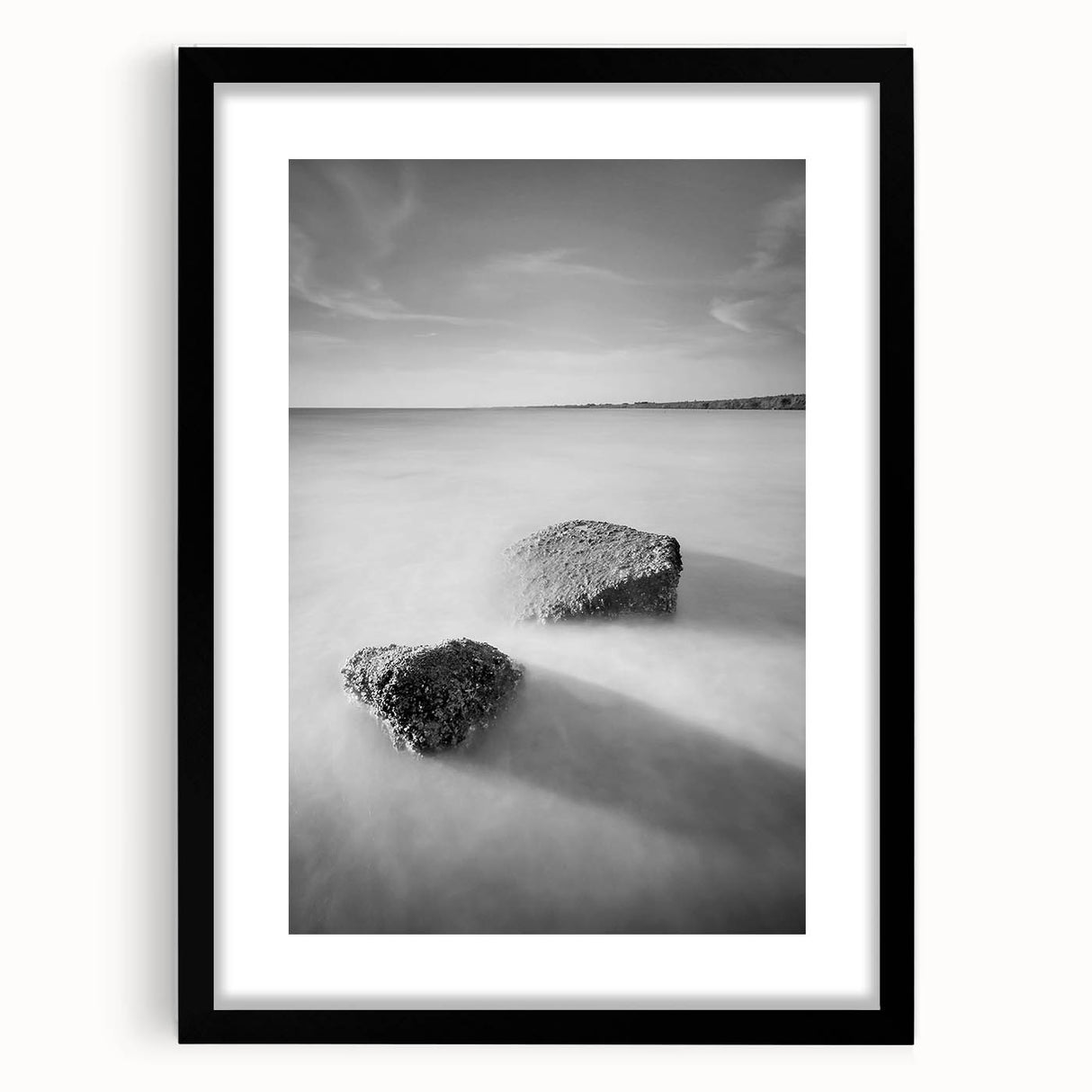Black and White Minimalist Landscapes – Calm Ocean Rock Scene Print