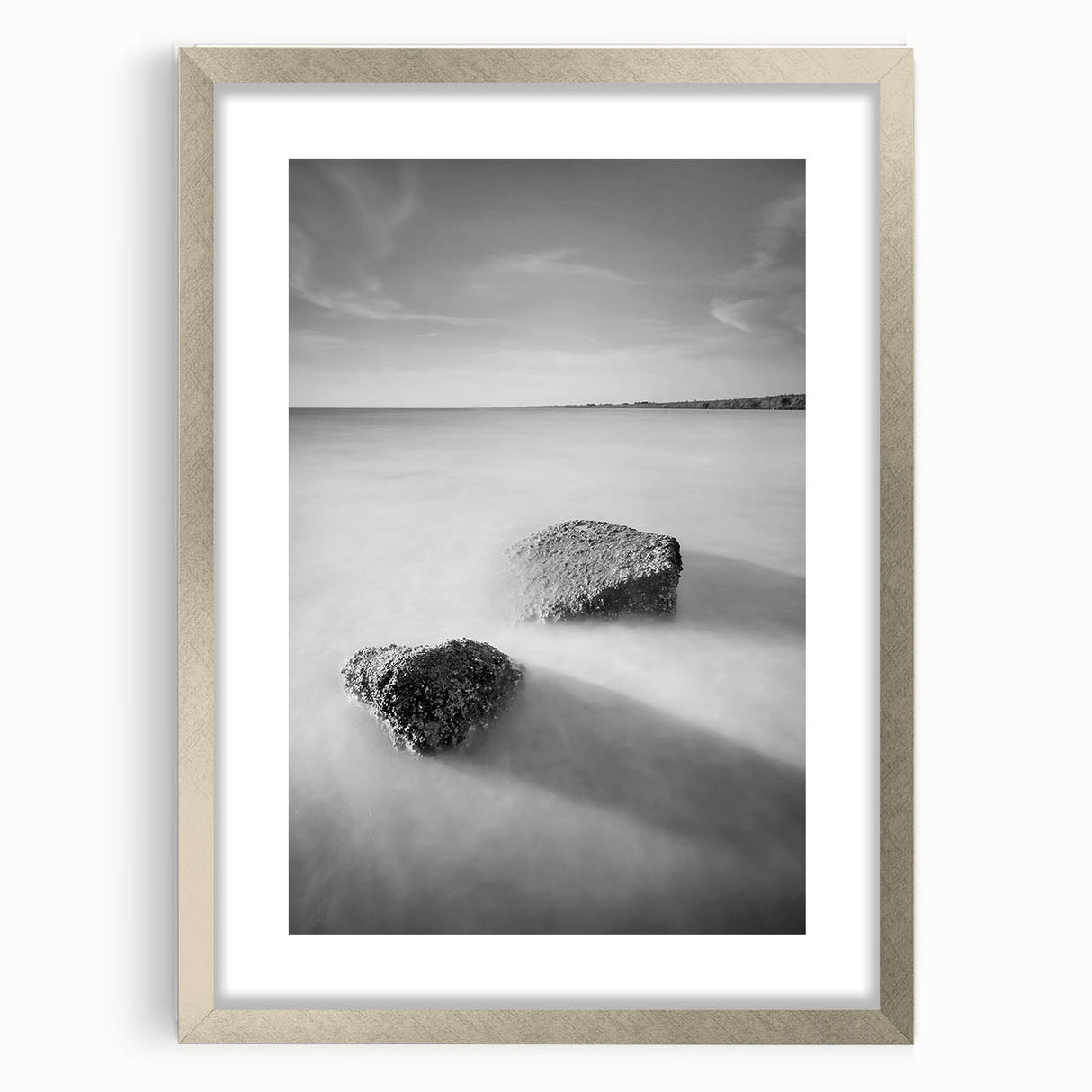 Black and White Minimalist Landscapes – Calm Ocean Rock Scene Print