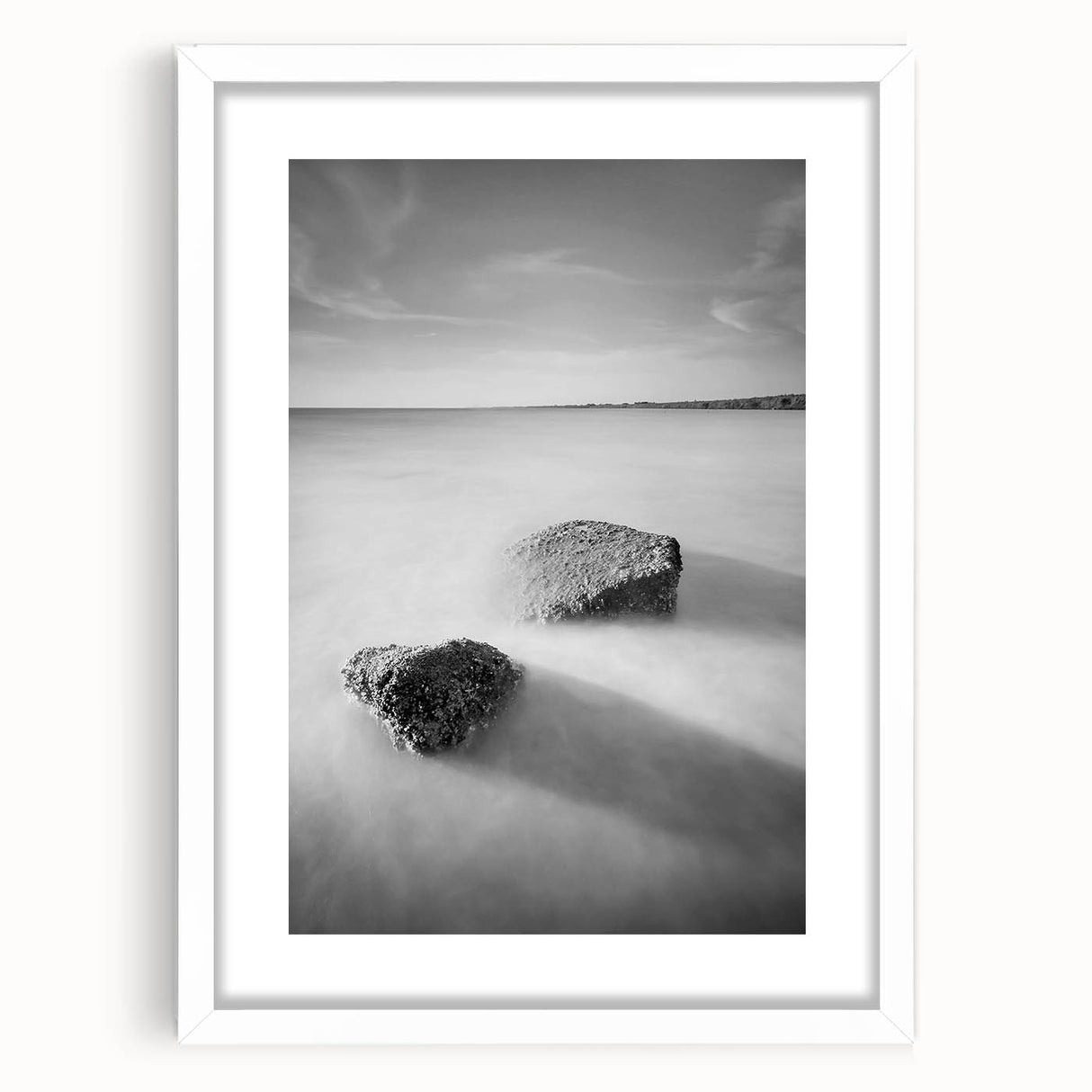 Black and White Minimalist Landscapes – Calm Ocean Rock Scene Print
