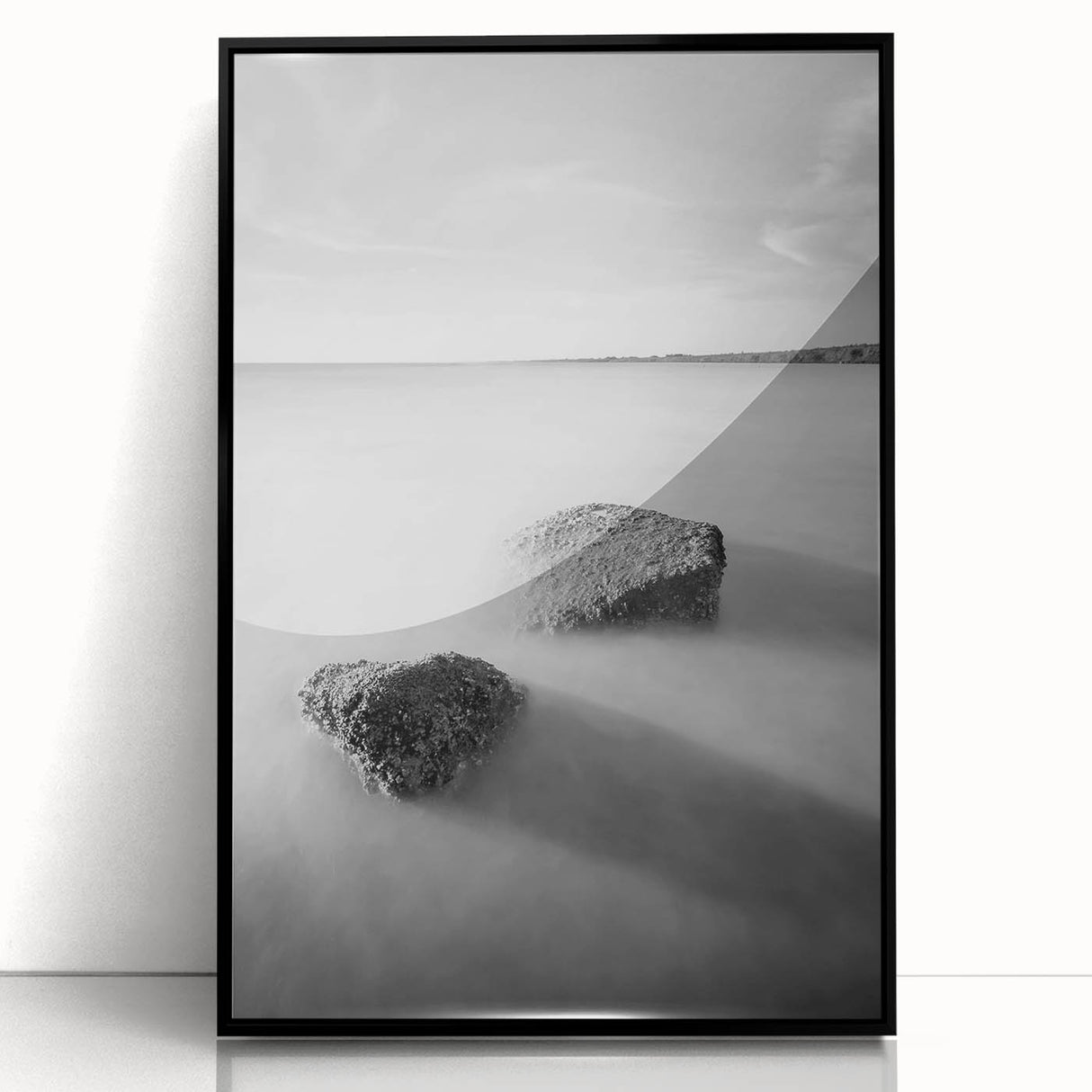 Black and White Minimalist Landscapes – Calm Ocean Rock Scene Print