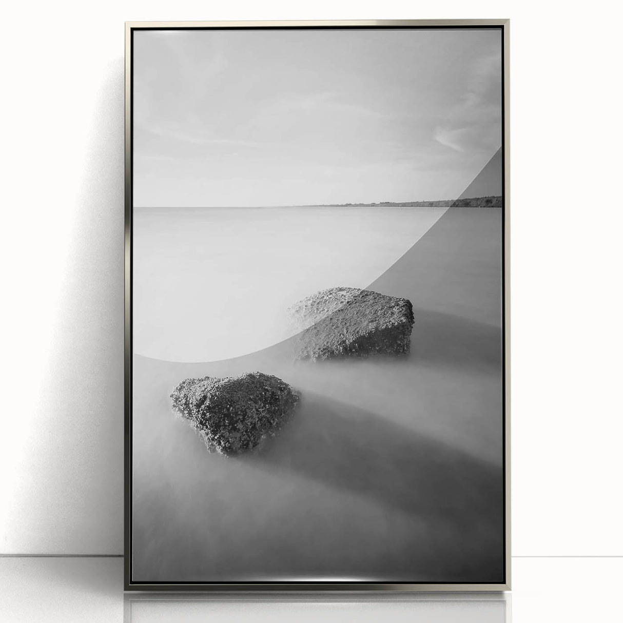 Black and White Minimalist Landscapes – Calm Ocean Rock Scene Print