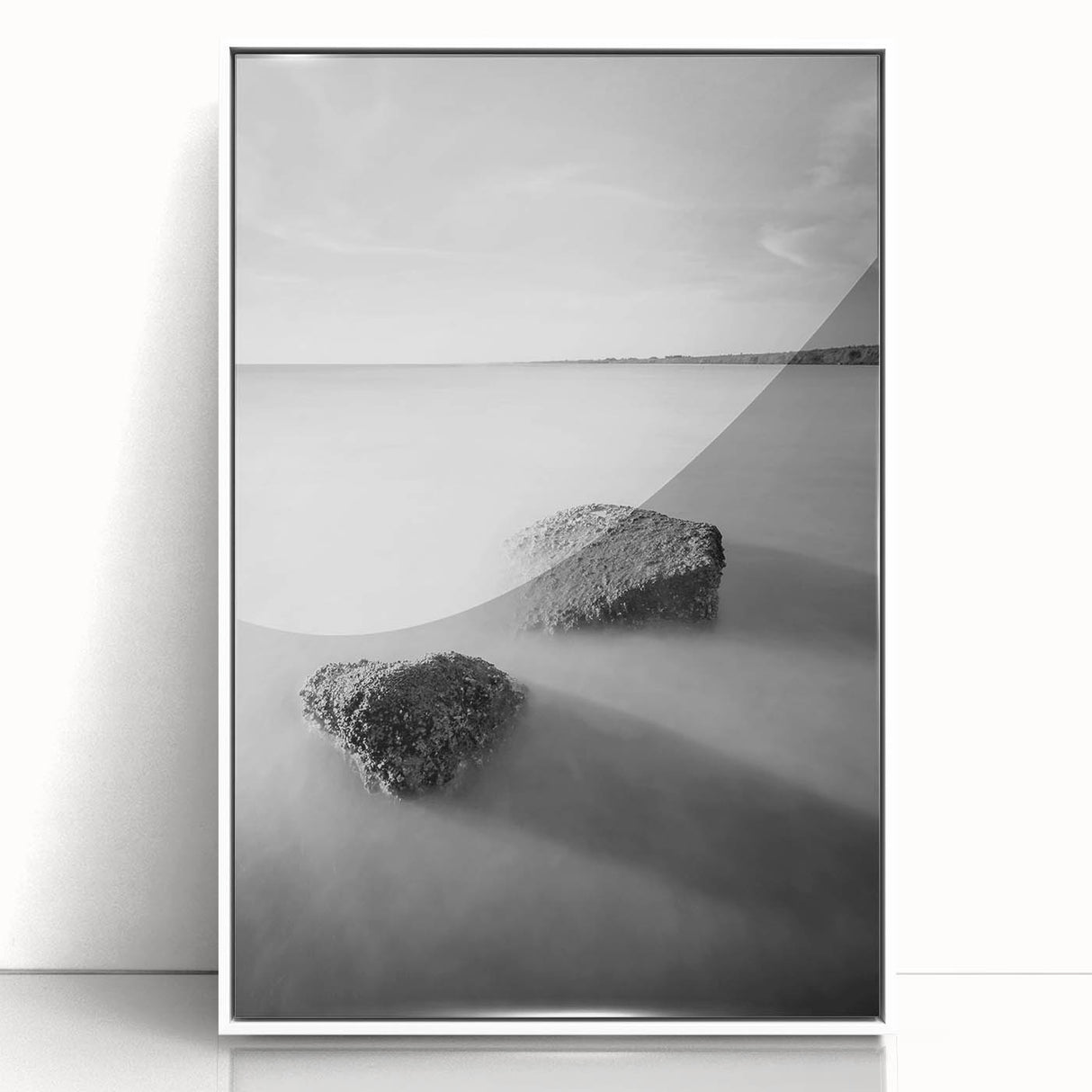 Black and White Minimalist Landscapes – Calm Ocean Rock Scene Print