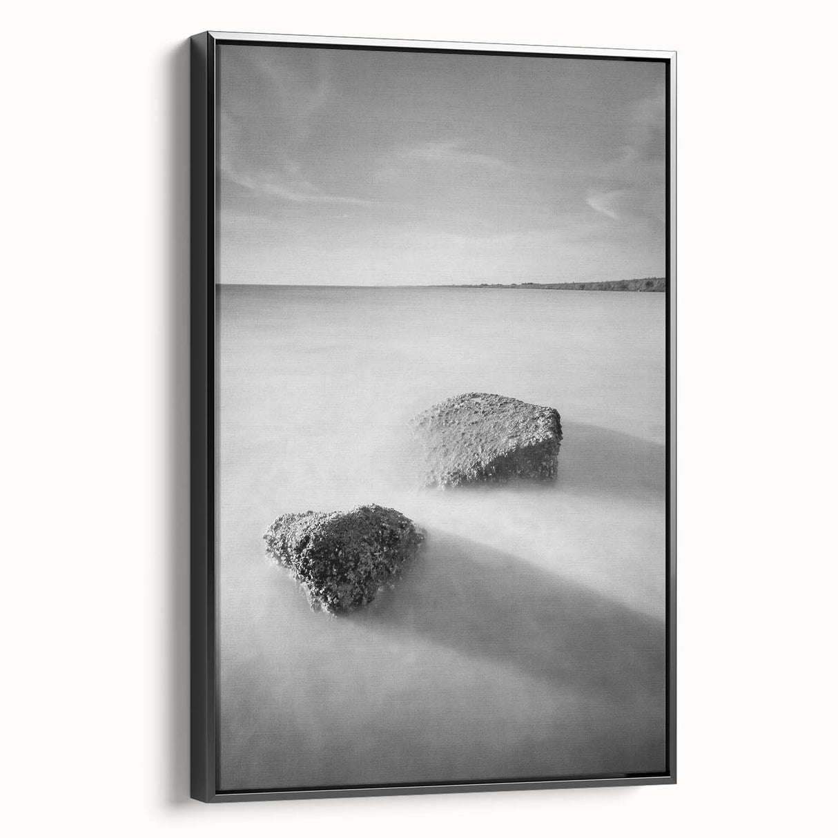 Black and White Minimalist Landscapes – Calm Ocean Rock Scene Print