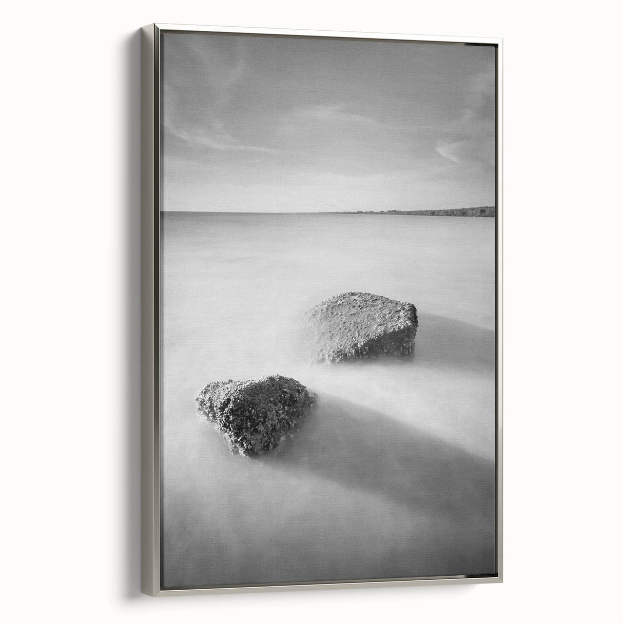 Black and White Minimalist Landscapes – Calm Ocean Rock Scene Print