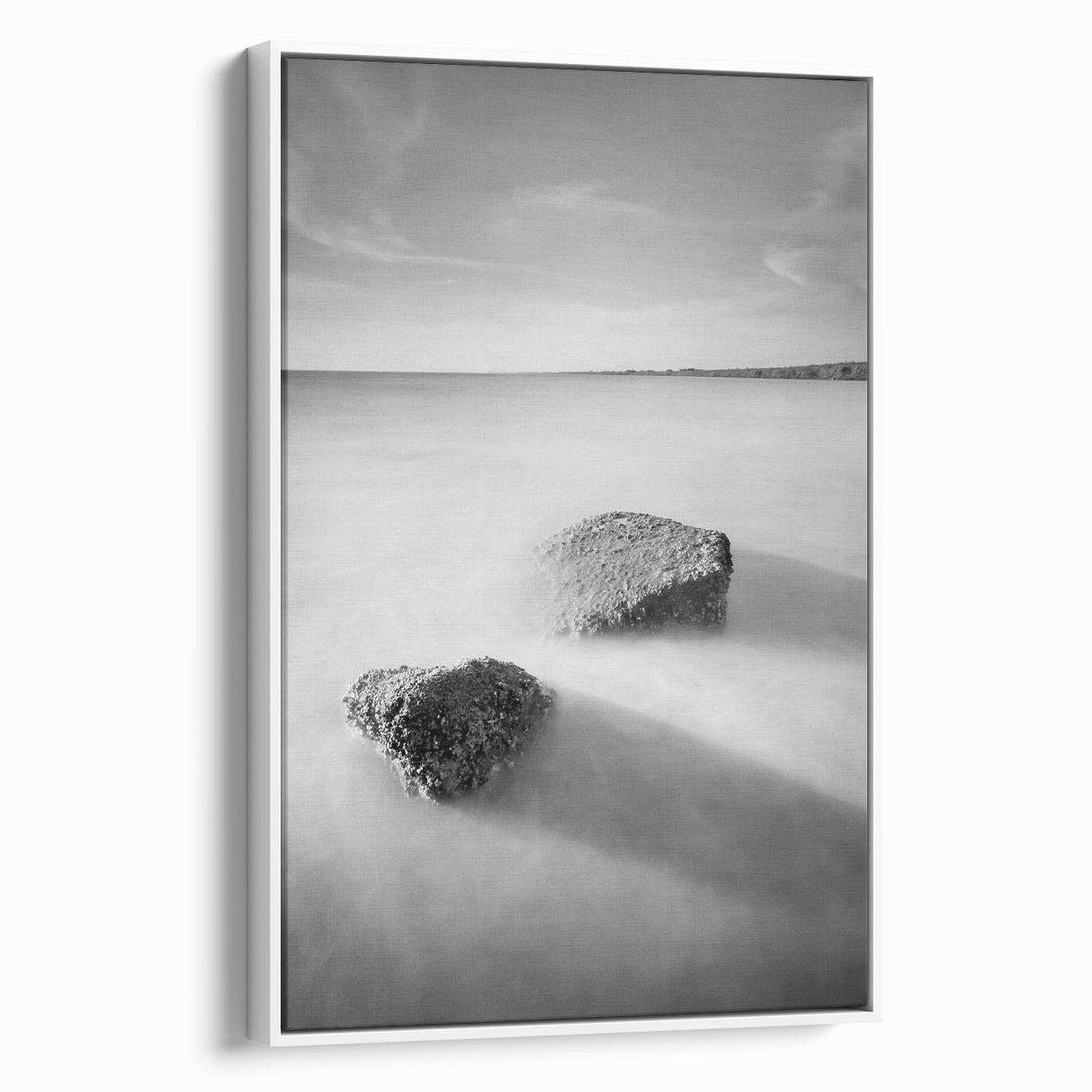 Black and White Minimalist Landscapes – Calm Ocean Rock Scene Print