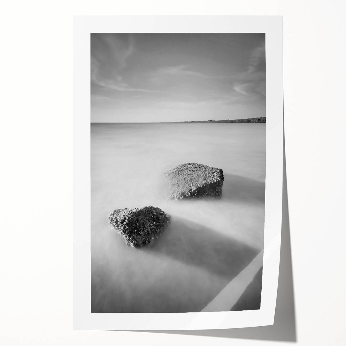 Black and White Minimalist Landscapes – Calm Ocean Rock Scene Print