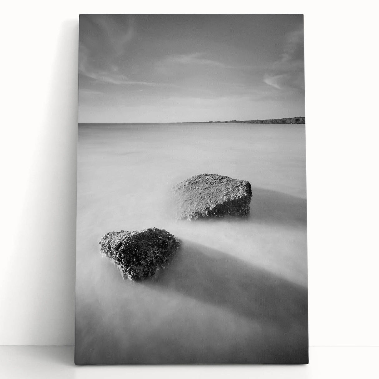 Black and White Minimalist Landscapes – Calm Ocean Rock Scene Print