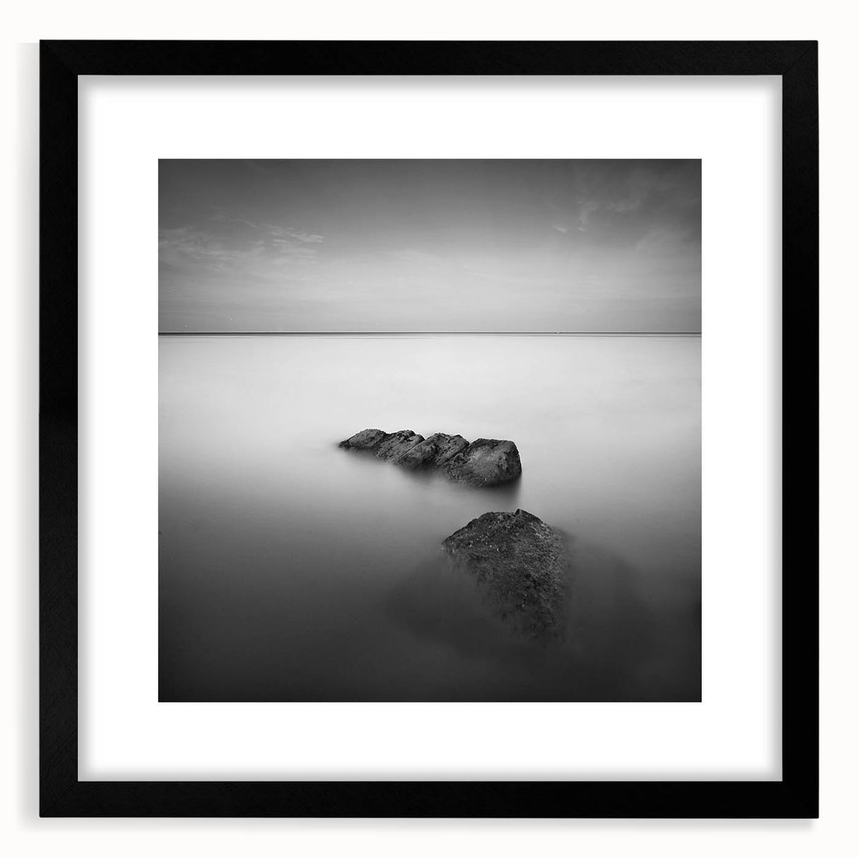Black and White Minimalist Landscapes – Serene Ocean Rock Wall Print
