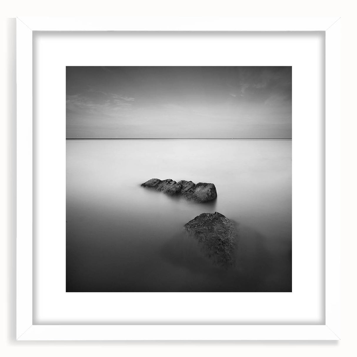 Black and White Minimalist Landscapes – Serene Ocean Rock Wall Print