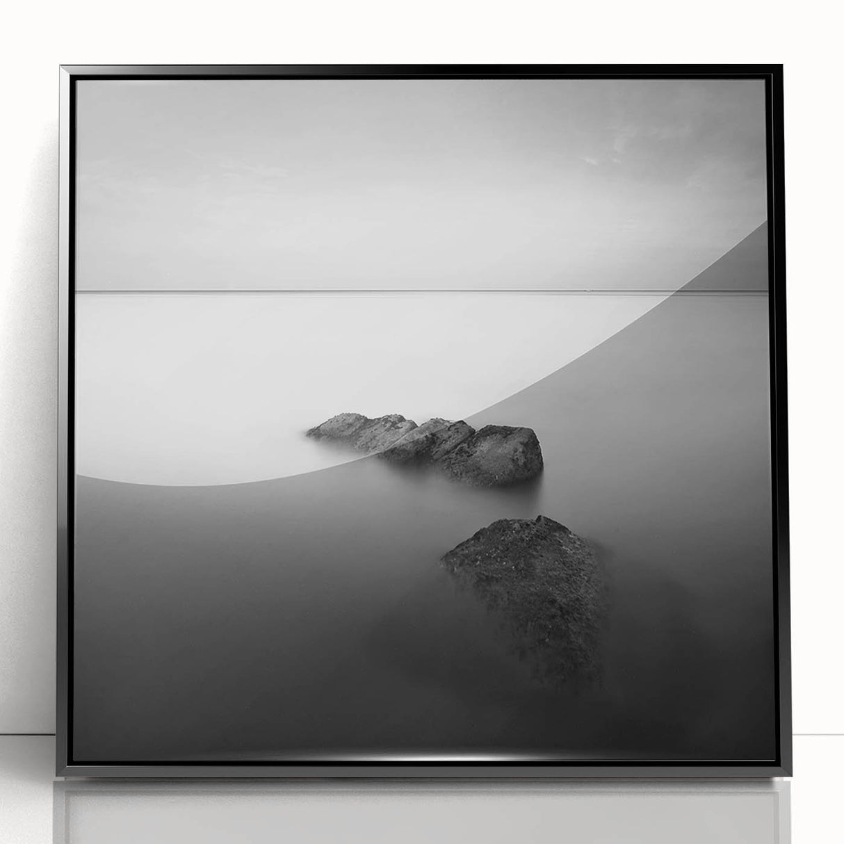 Black and White Minimalist Landscapes – Serene Ocean Rock Wall Print