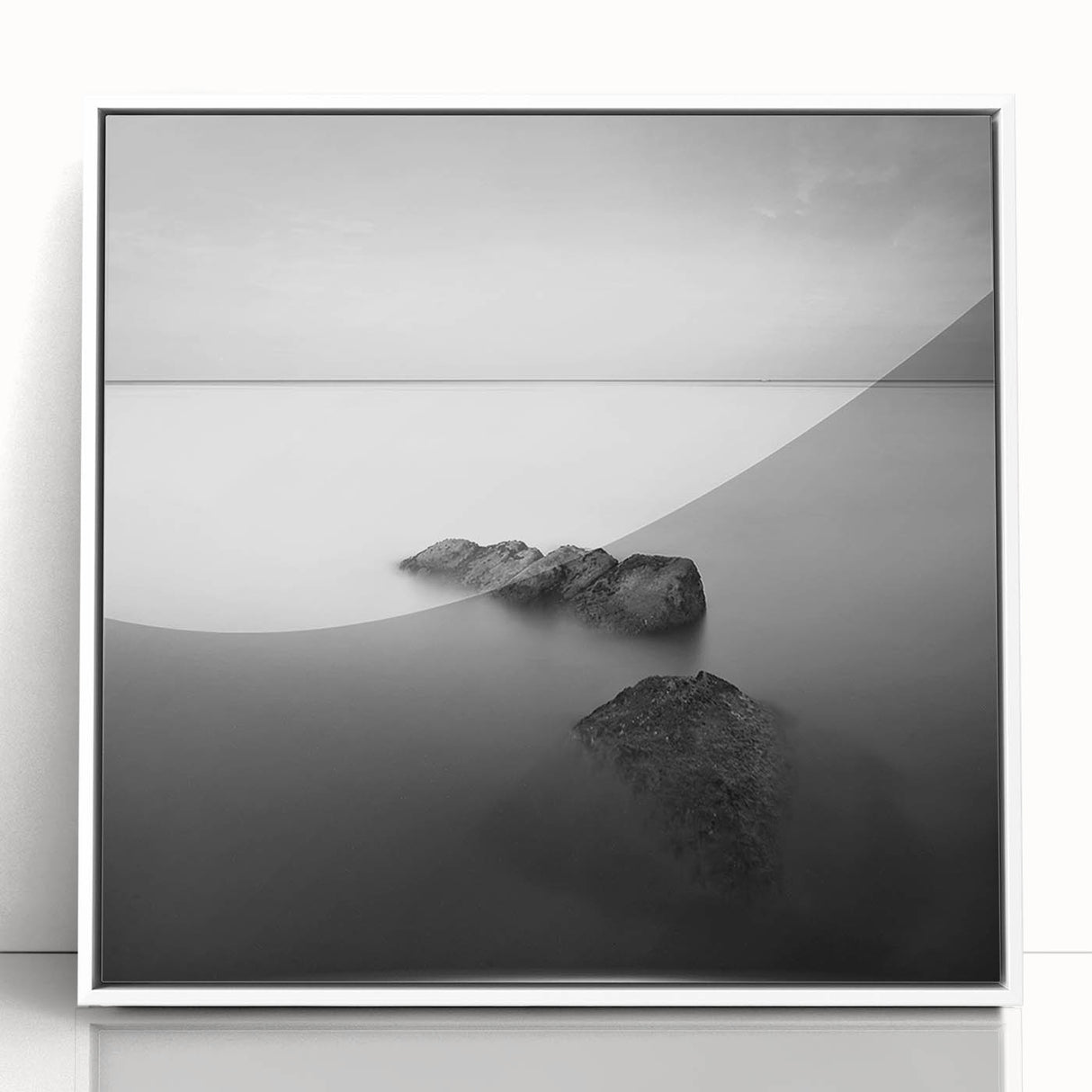 Black and White Minimalist Landscapes – Serene Ocean Rock Wall Print