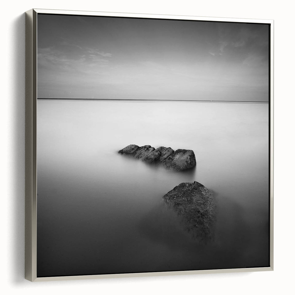 Black and White Minimalist Landscapes – Serene Ocean Rock Wall Print
