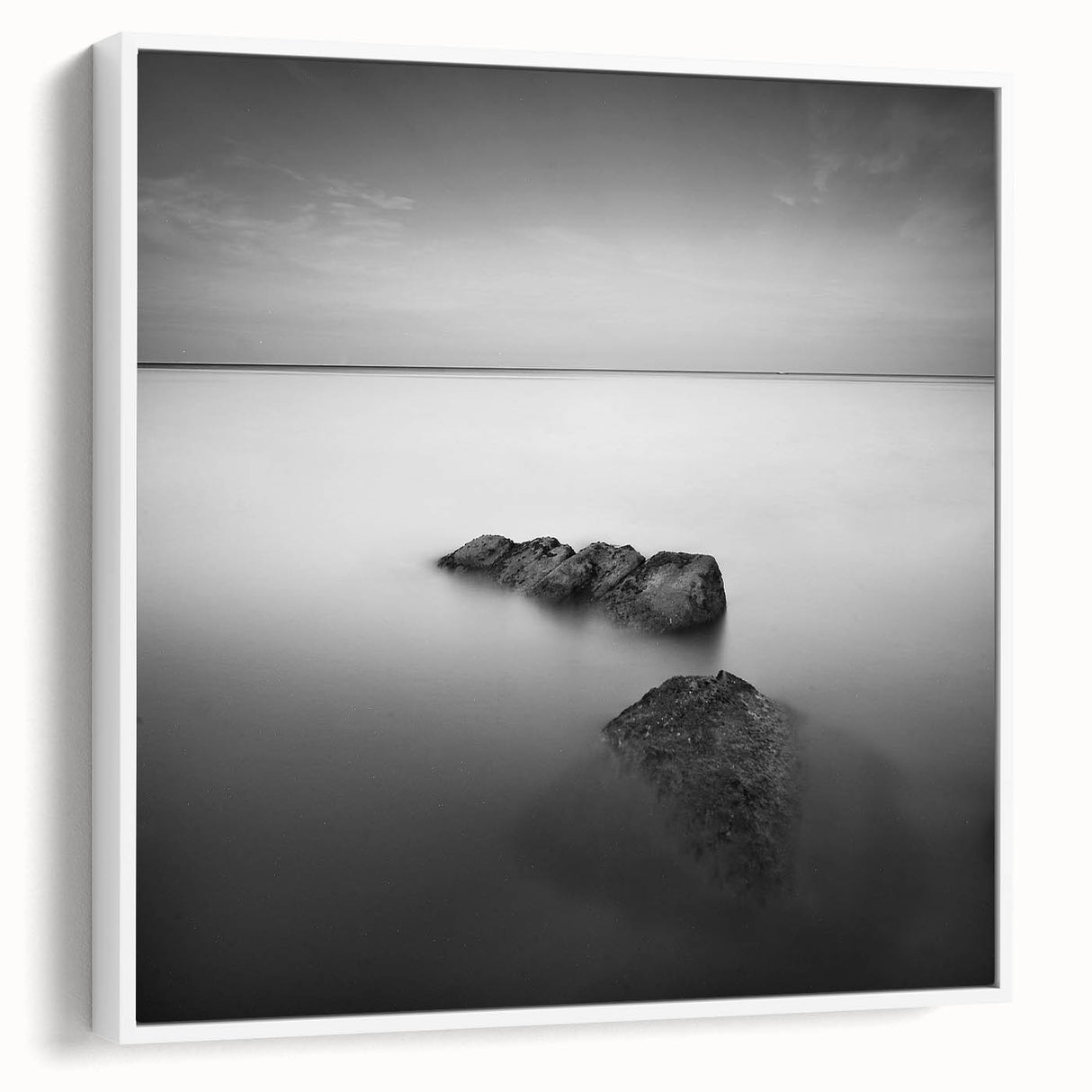 Black and White Minimalist Landscapes – Serene Ocean Rock Wall Print