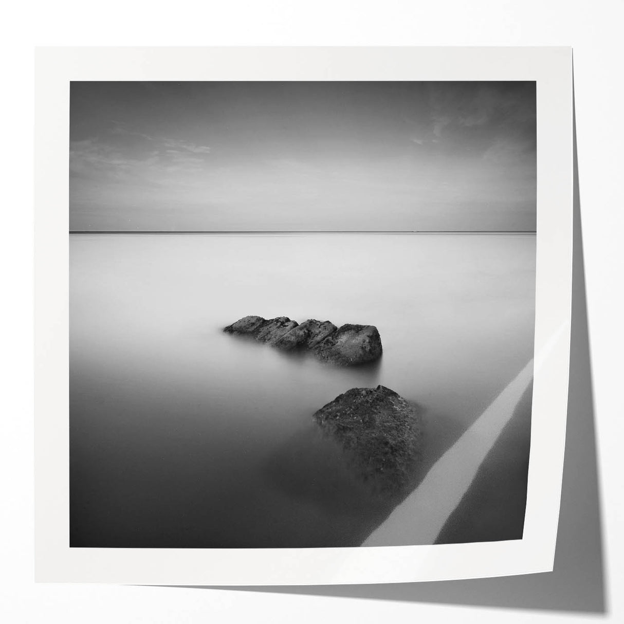 Black and White Minimalist Landscapes – Serene Ocean Rock Wall Print
