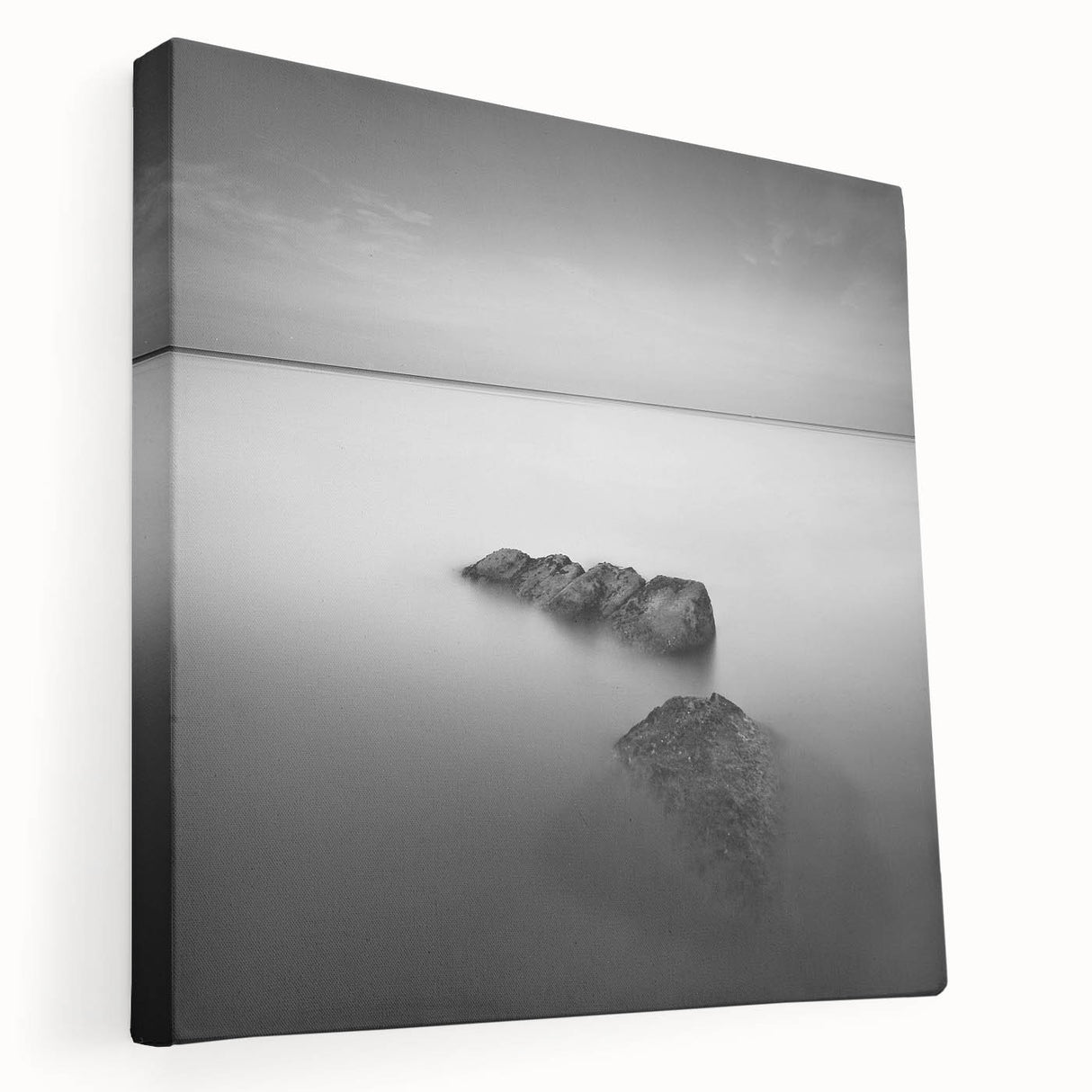 Black and White Minimalist Landscapes – Serene Ocean Rock Wall Print