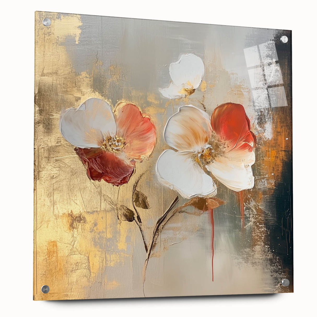 Elegant Abstract Floral Wall Art – Gold & Red Modern Canvas Print